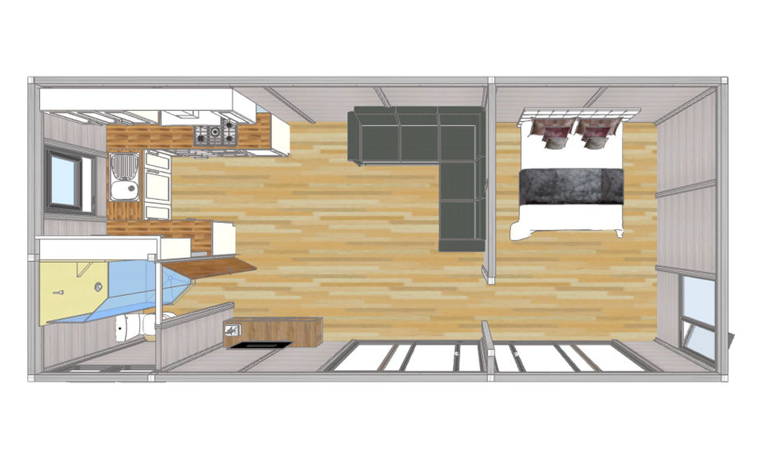 3D floor plan of the Luxury Garden Annex with bedroom, shower room and open plan living and kitchen