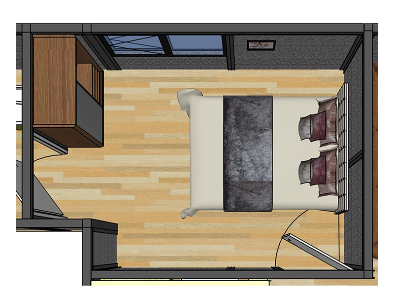 3D plan of the bedroom in the Holiday Retreat for Mum annexe