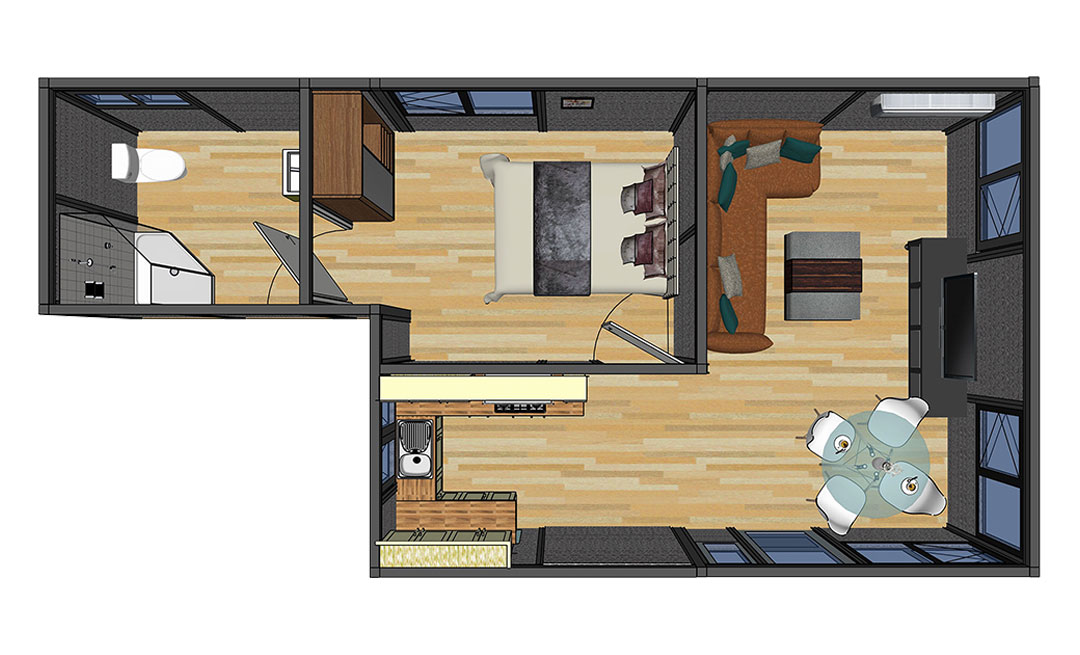 3D floor plan of the Holiday Retreat for Mum annexe with bedroom, bathroom and open plan living and kitchen