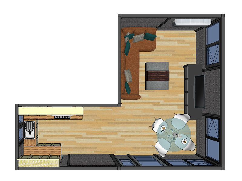 3D plan of the open plan living room and kitchen in the Holiday Retreat for Mum annexe