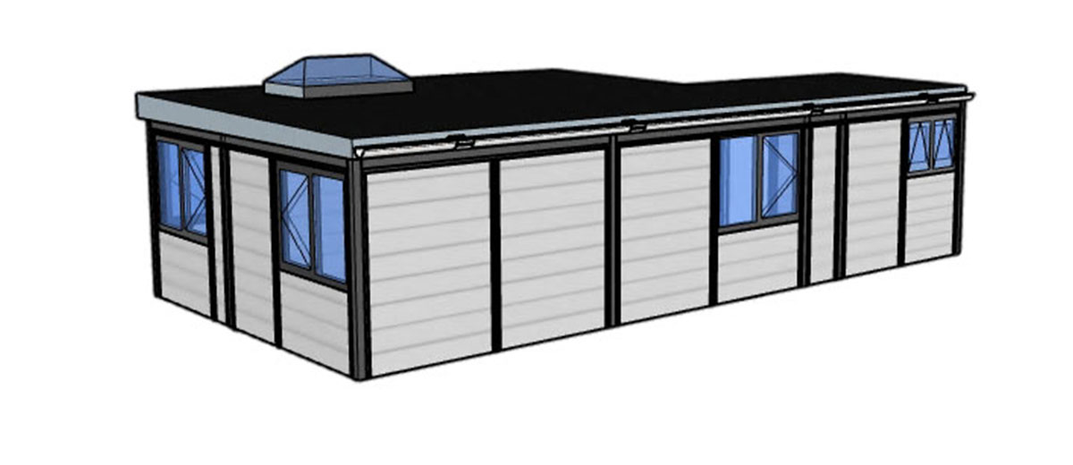 3D render of the L-shaped Holiday Retreat for Mum annexe with a roof lantern