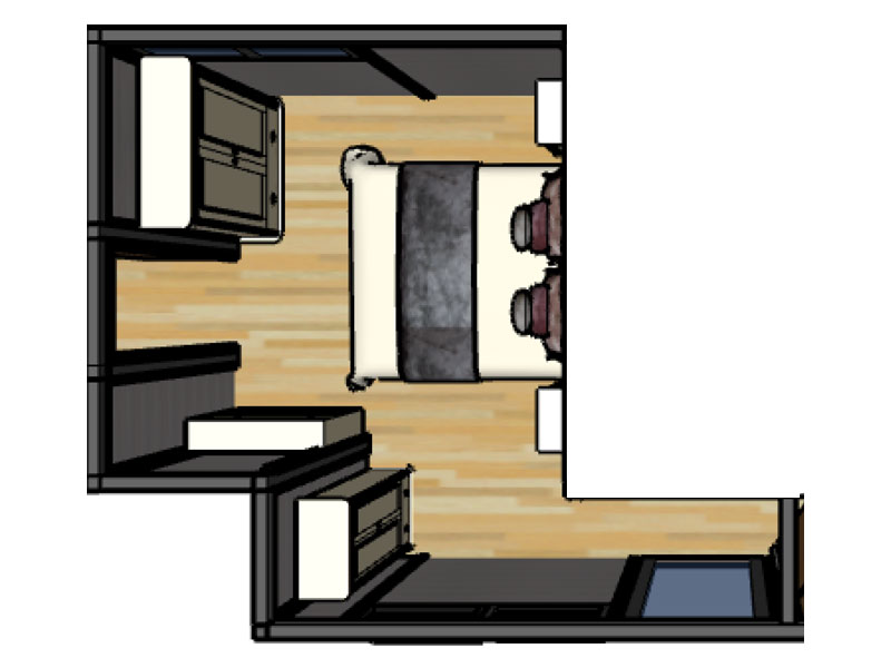 3D plan of the bedroom in the Garden Annex with office
