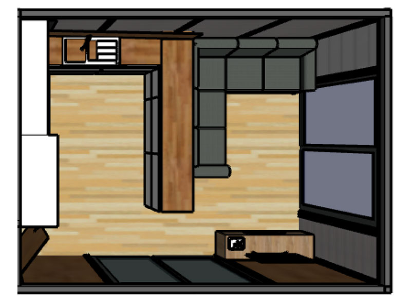 3D plan of the open plan living room and kitchen in the Garden Annex with office