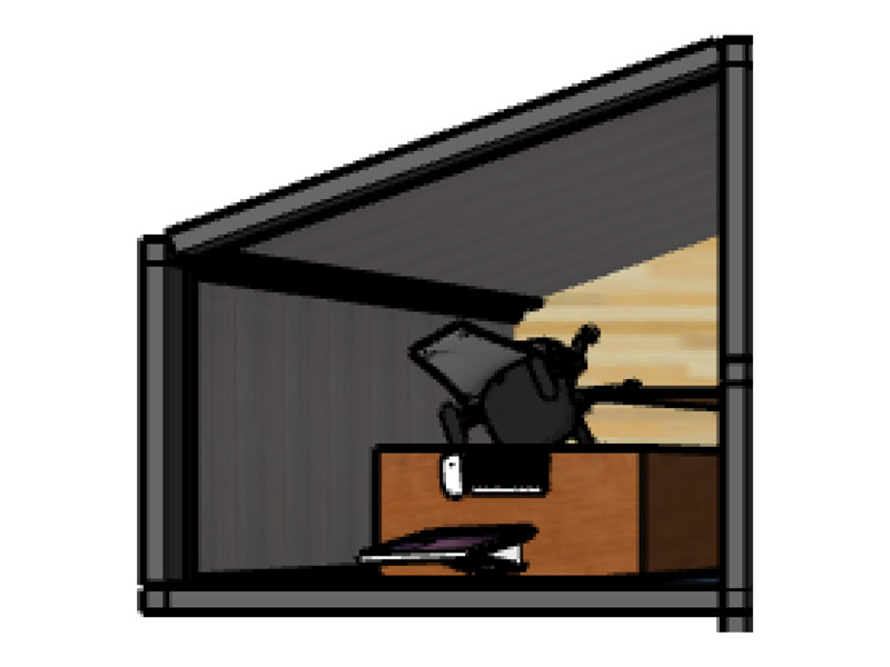 3D plan of the tapered office in the Garden Annex with office