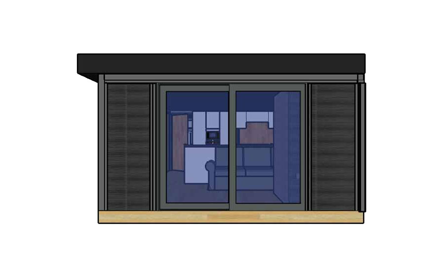 End elevation render of the Garden Annex with office showing the sliding doors