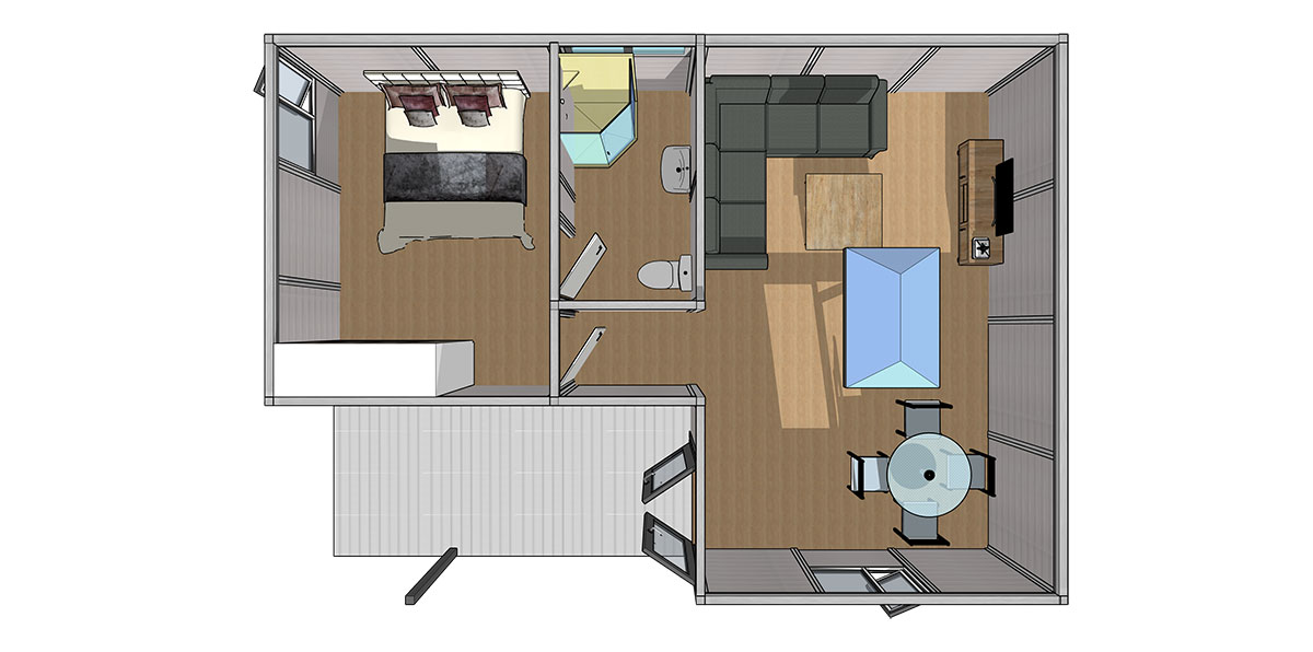 3D floor plan of the Garden Annex with Wetroom, with bedroom, shower room, open plan living and a decked area