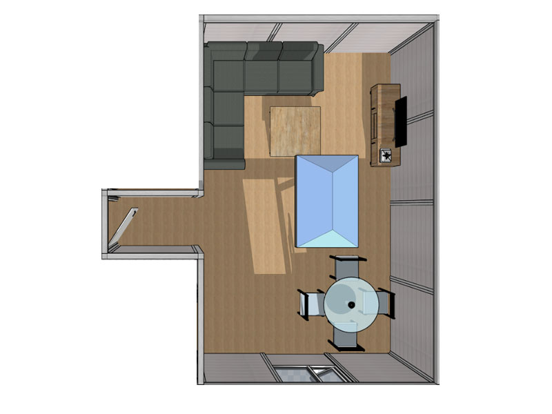 3D plan of the open plan living room in the Garden Annex with Wetroom