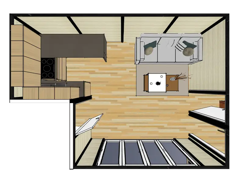 3D plan of the open plan living room and kitchen in the 2-Bed Garden Annex with Wetroom