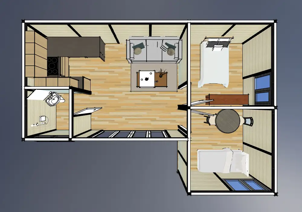 3D floor plan of the 2-Bed Garden Annex with Wetroom, with two bedrooms, a wet room and open plan living
