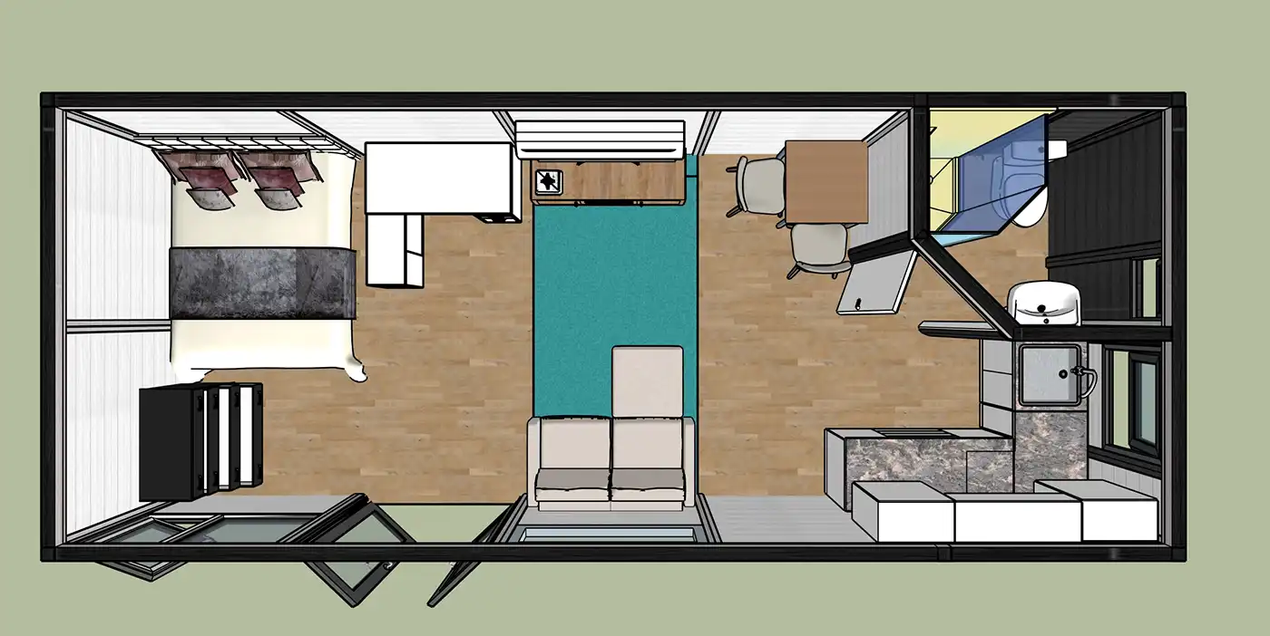 3D floor plan of the 1 Bedroom Garden Annex with open plan living and a shower room