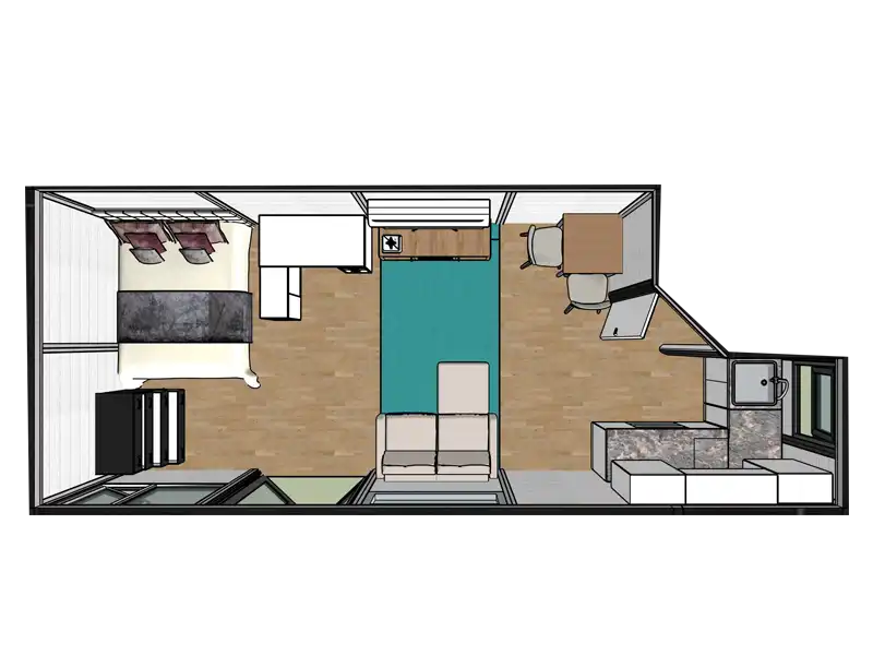 3D plan of the open plan living space in the 1 Bedroom Garden Annex