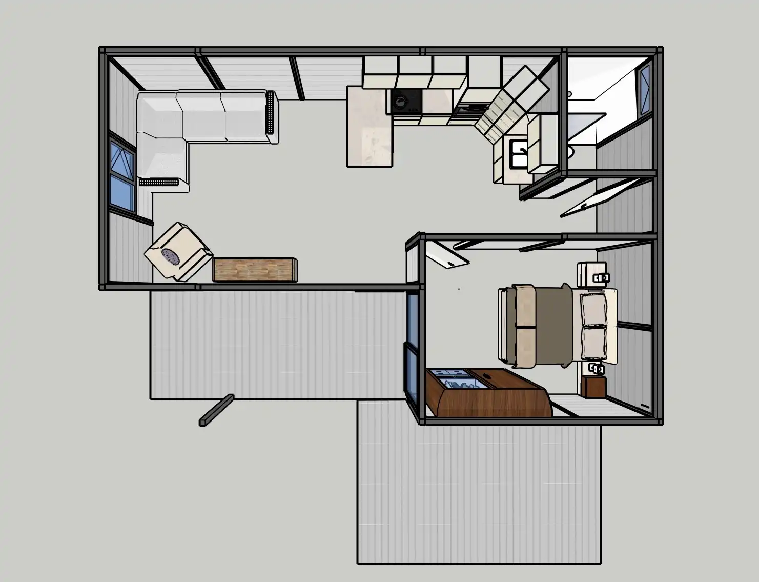 3D floor plan of the Large 1 Bedroom Garden Annex with bedroom, shower room, open plan living and decking