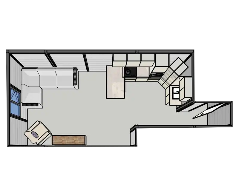 3D plan of the open plan living room and kitchen in the Large 1 Bedroom Garden Annex