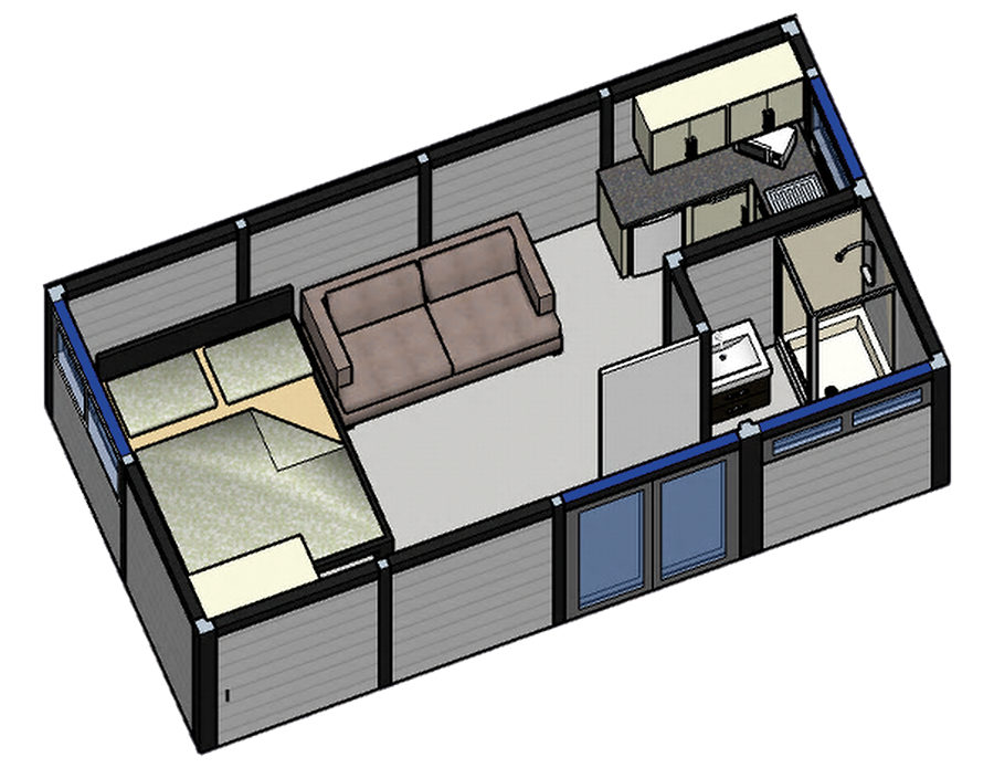 3D cutaway of the Open Plan Living annexe showing the bed area, sofa, kitchen and shower room