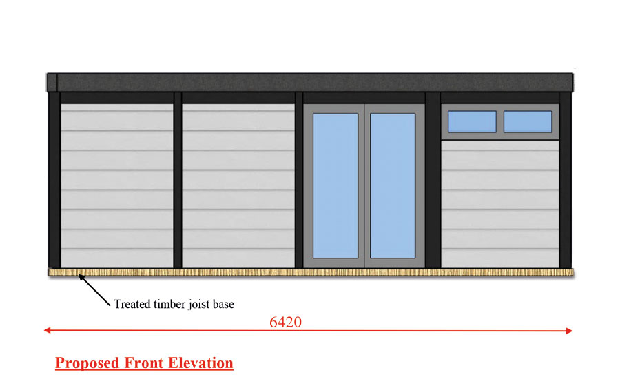 Front elevation drawing of the Open Plan Living annexe, 6420mm wide, with double doors