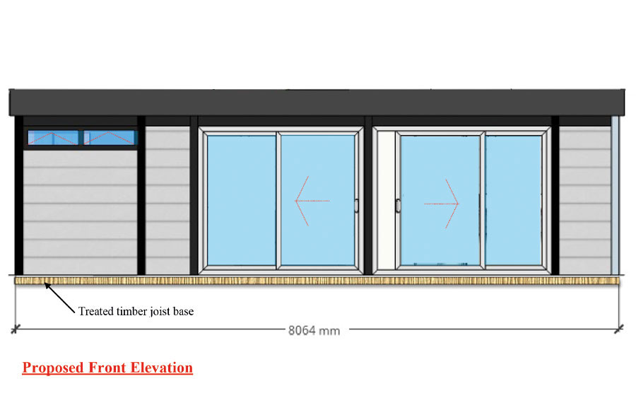 Front elevation drawing of the Separate Living and Bedroom annexe, 8064mm wide, with two sets of sliding doors