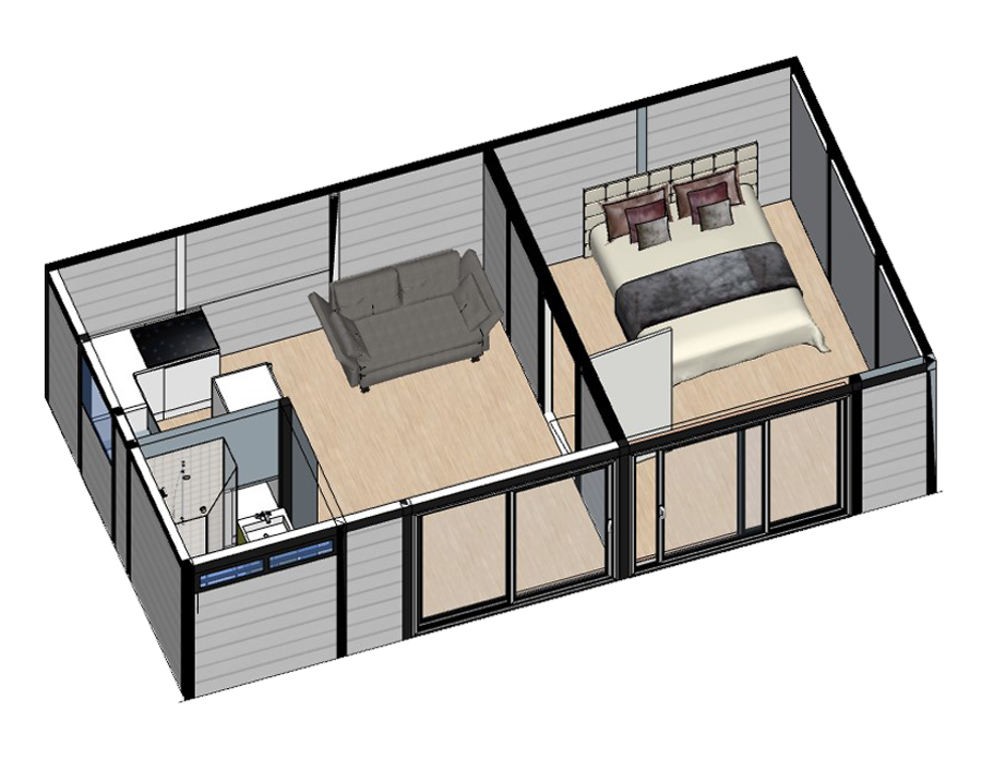 3D cutaway of the Separate Living and Bedroom annexe showing the lounge, kitchen, shower room and separate bedroom