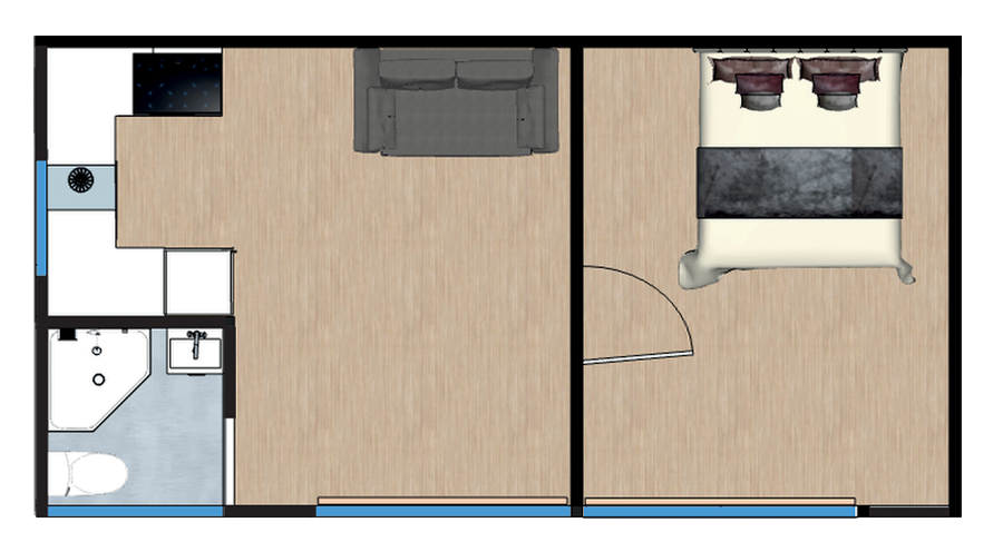 Overhead floor plan of the Separate Living and Bedroom annexe, 8064mm by 4200mm