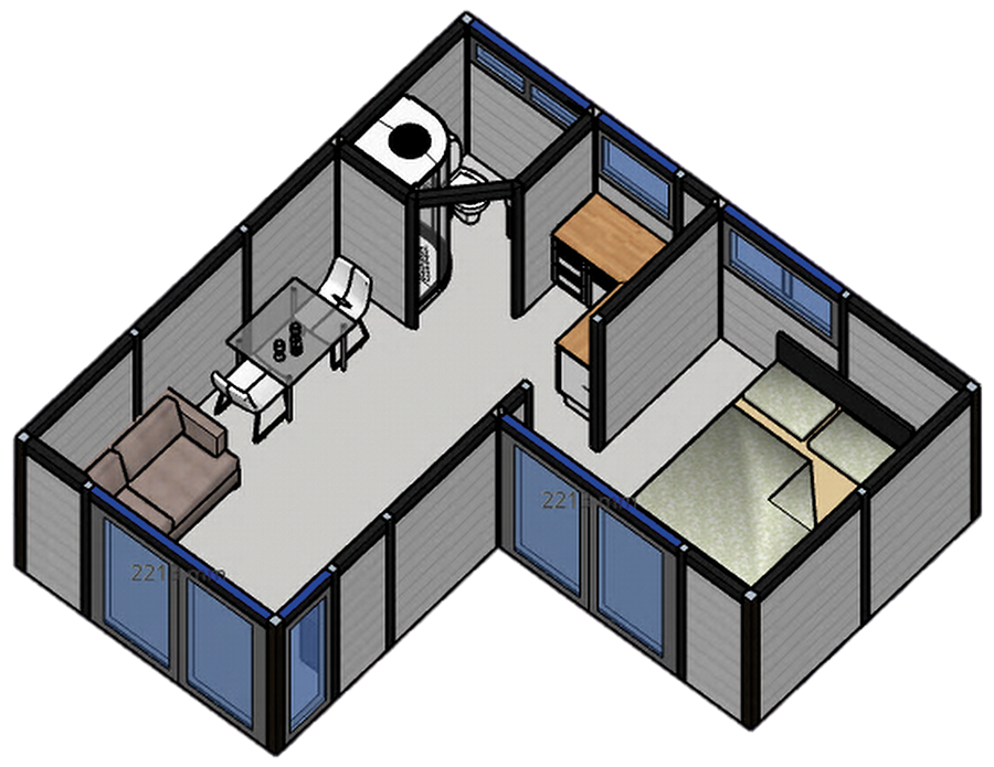 3D cutaway of the 1 Bedroom L-Shaped annexe showing the lounge, dining area, kitchen, shower room and bedroom