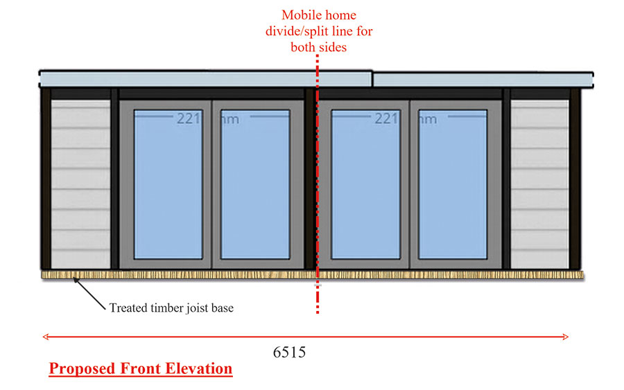 Front elevation drawing of the 1 Bedroom L-Shaped annexe, 6515mm wide, with two sets of doors