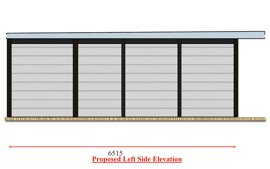 Left side elevation drawing of the 1 Bedroom L-Shaped annexe, 6515mm deep