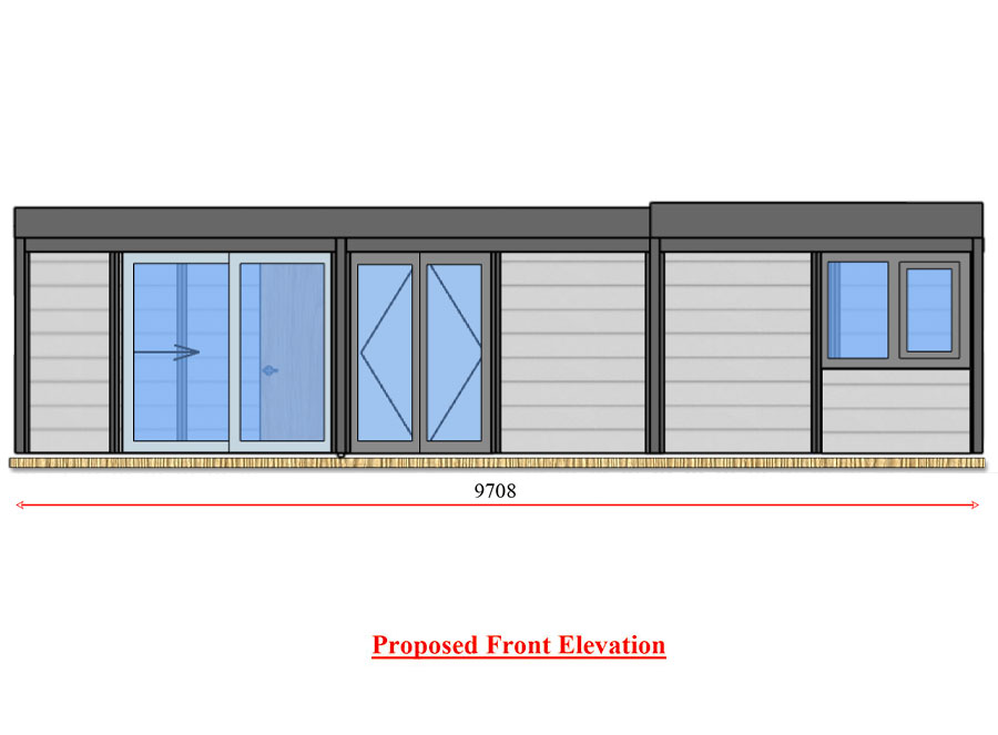 Front elevation drawing of the 2 Bedroom L-Shaped annexe, 9708mm wide