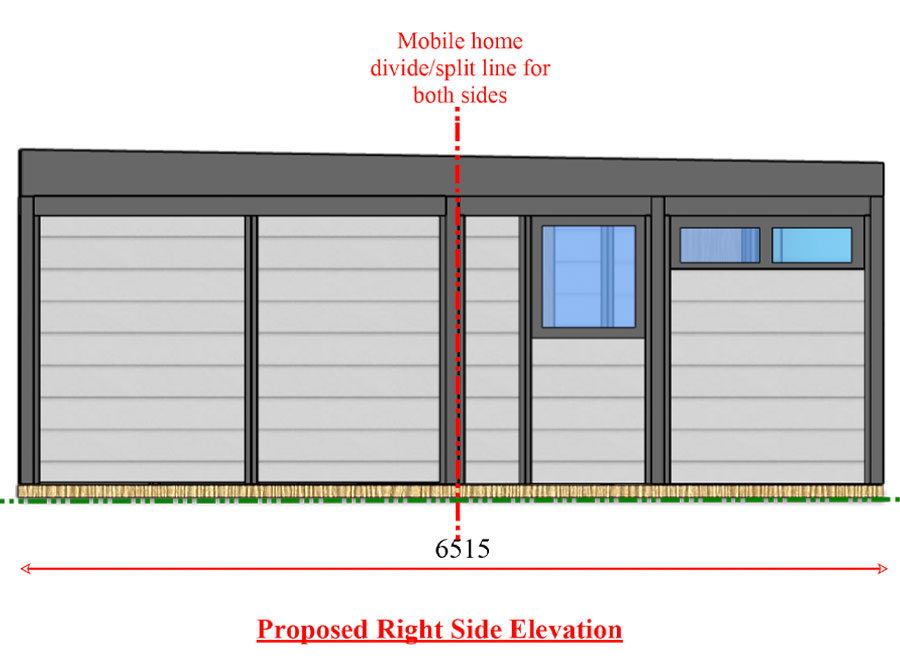 Right side elevation drawing of the 2 Bedroom L-Shaped annexe, 6515mm deep