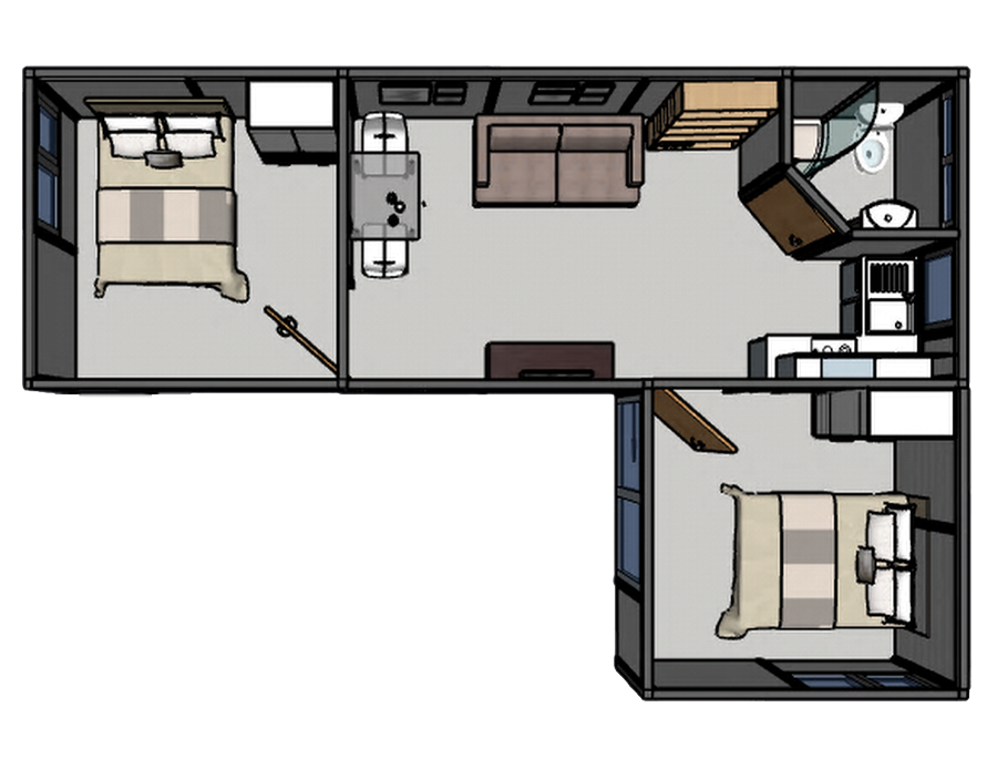 Overhead floor plan of the 2 Bedroom L-Shaped annexe, 9708mm by 6515mm