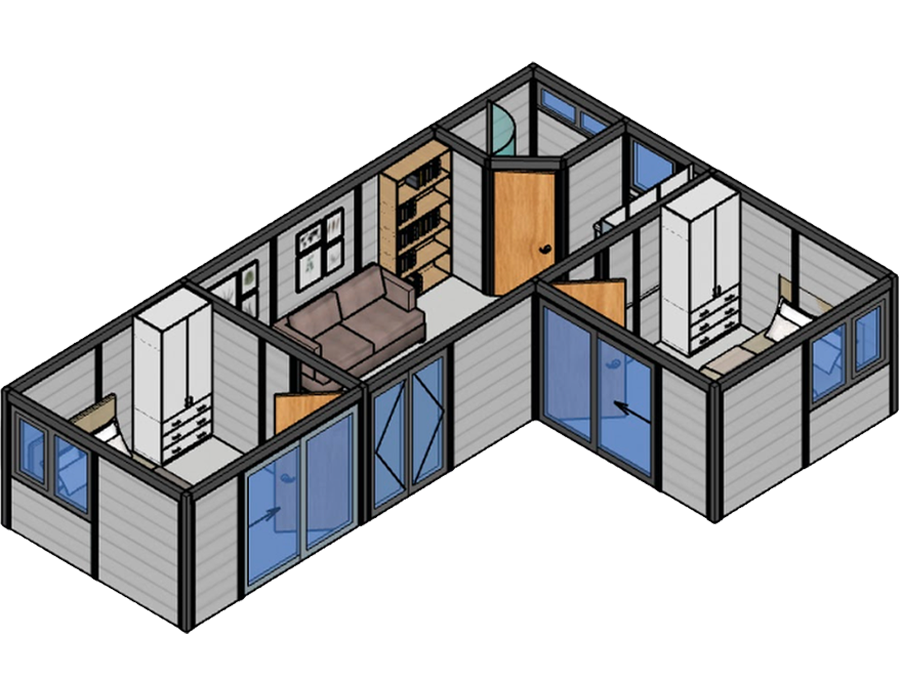 3D cutaway of the 2 Bedroom L-Shaped annexe showing two bedrooms, the lounge, kitchen and shower room