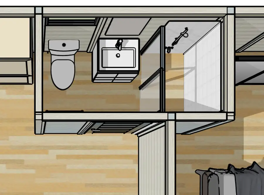 Garden annexe interior layout showing bathroom and mezzanine loft area