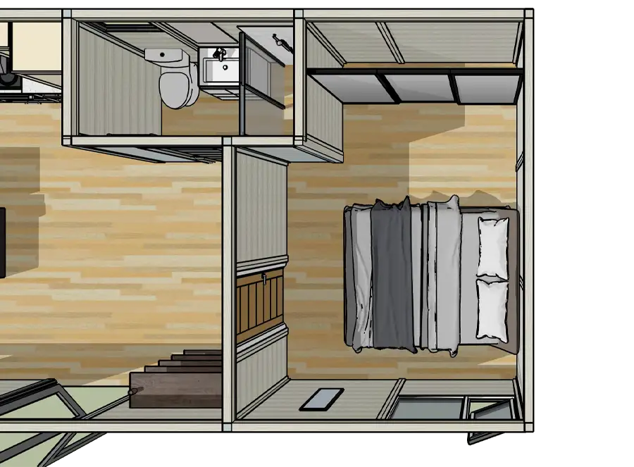 Interior floor layout of a garden annexe showing bedroom and mezzanine floor