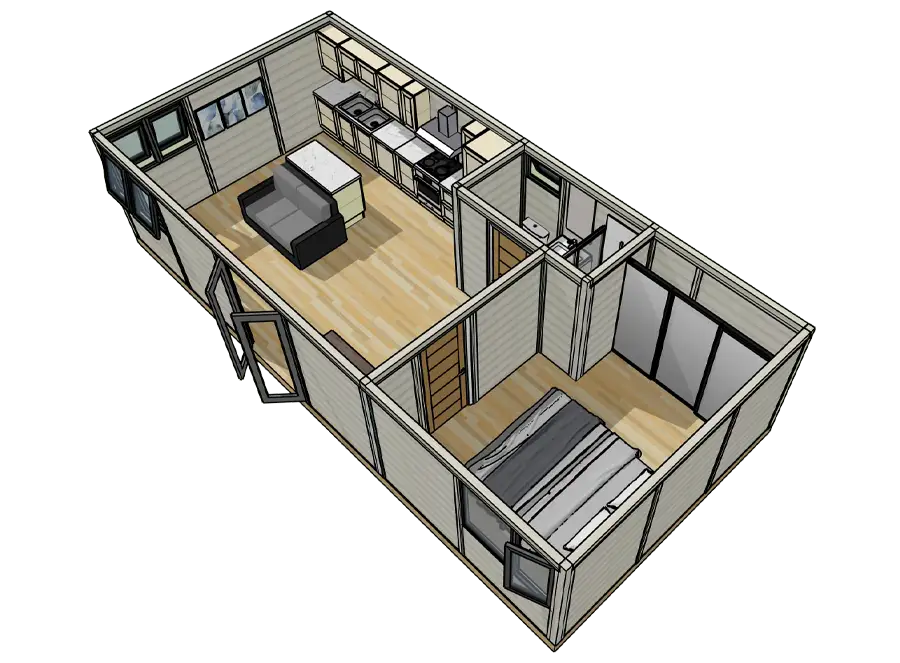 3D floor layout of a garden annexe with gable roof and mezzanine floor
