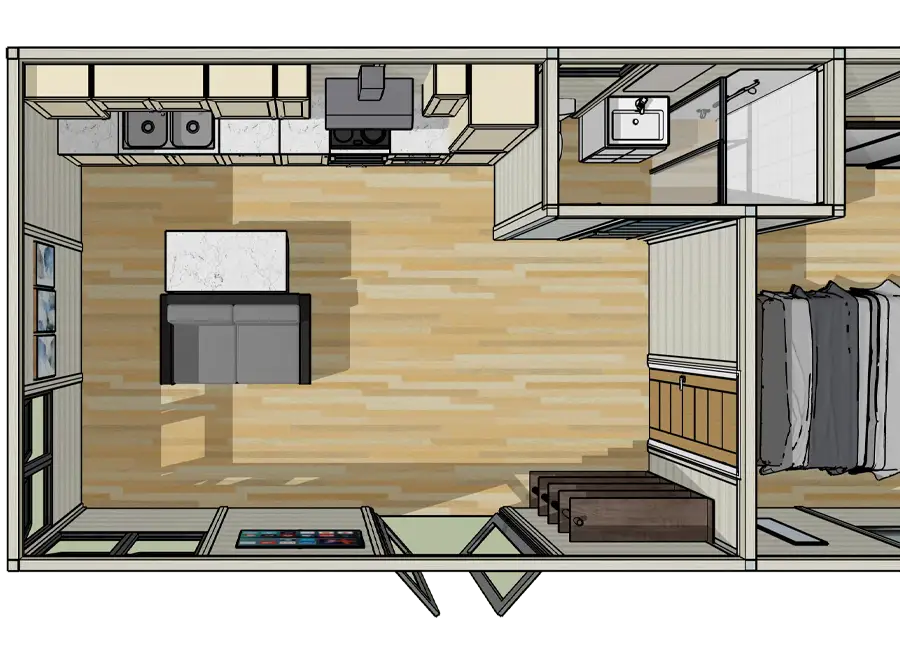 Overhead garden annexe floor plan showing open-plan kitchen and living accommodation