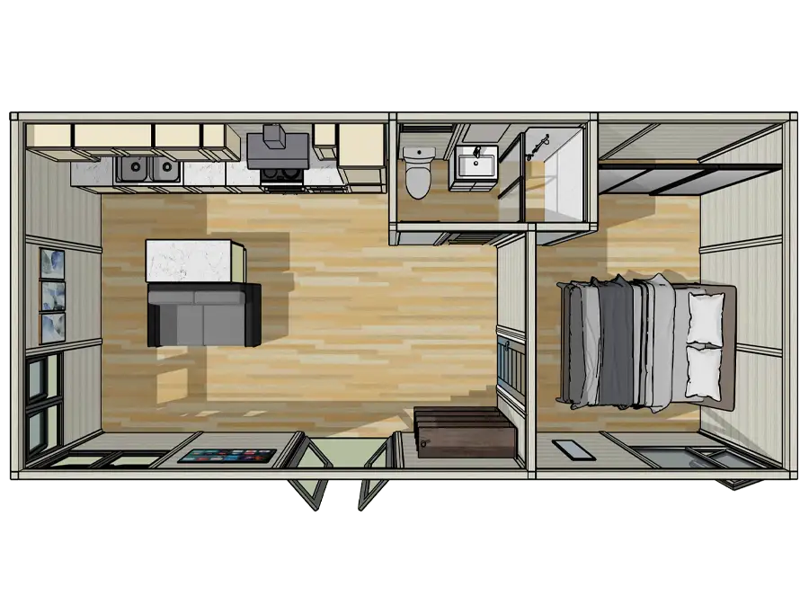 Overhead floor plan of a garden annexe with open-plan living space, bedroom and mezzanine loft