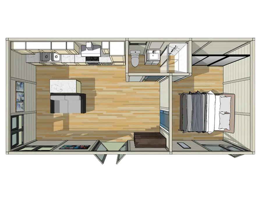Overhead floor plan of the Separate Living and Bedroom annexe with kitchen, shower room and bedroom